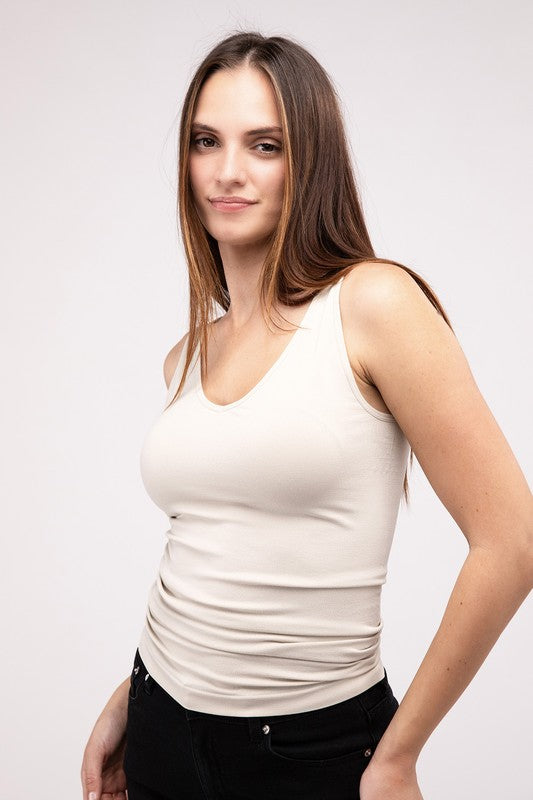 Front & Back 2-Way V-Neck Seamless Tank in white/black/sand beige