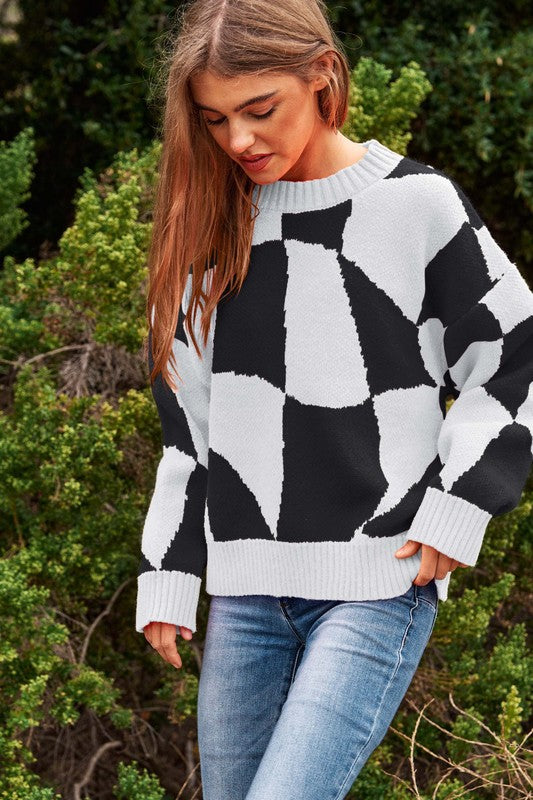 Multi Geo Checker Knit Sweater in Black/White - small