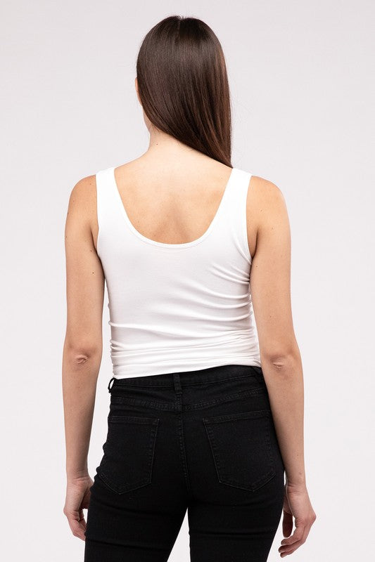 Front & Back 2-Way V-Neck Seamless Tank in white/black/sand beige