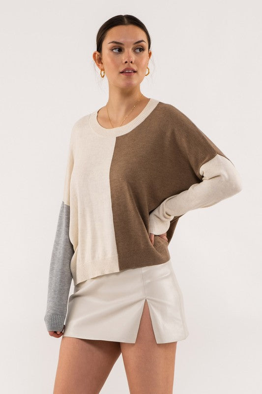 Fall In Love Color Block Sweater in Taupe Multi