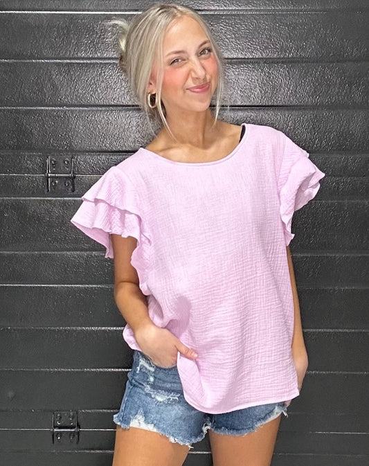 Ruffle Sleeve Cotton Gauze Top in Lavender