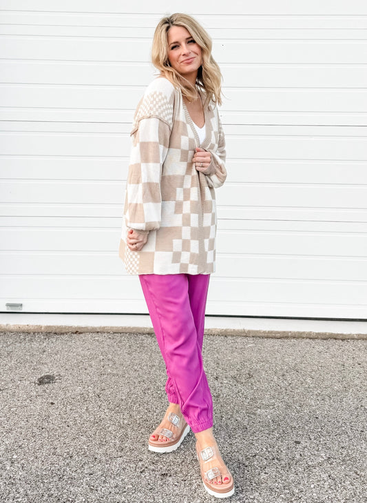 Checkered Knit Cardigan in Taupe