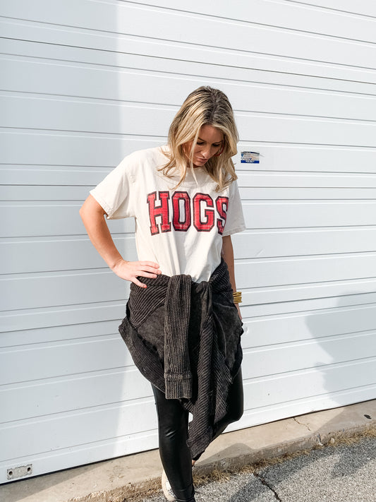 HOGS Plaid Print Distressed Tee