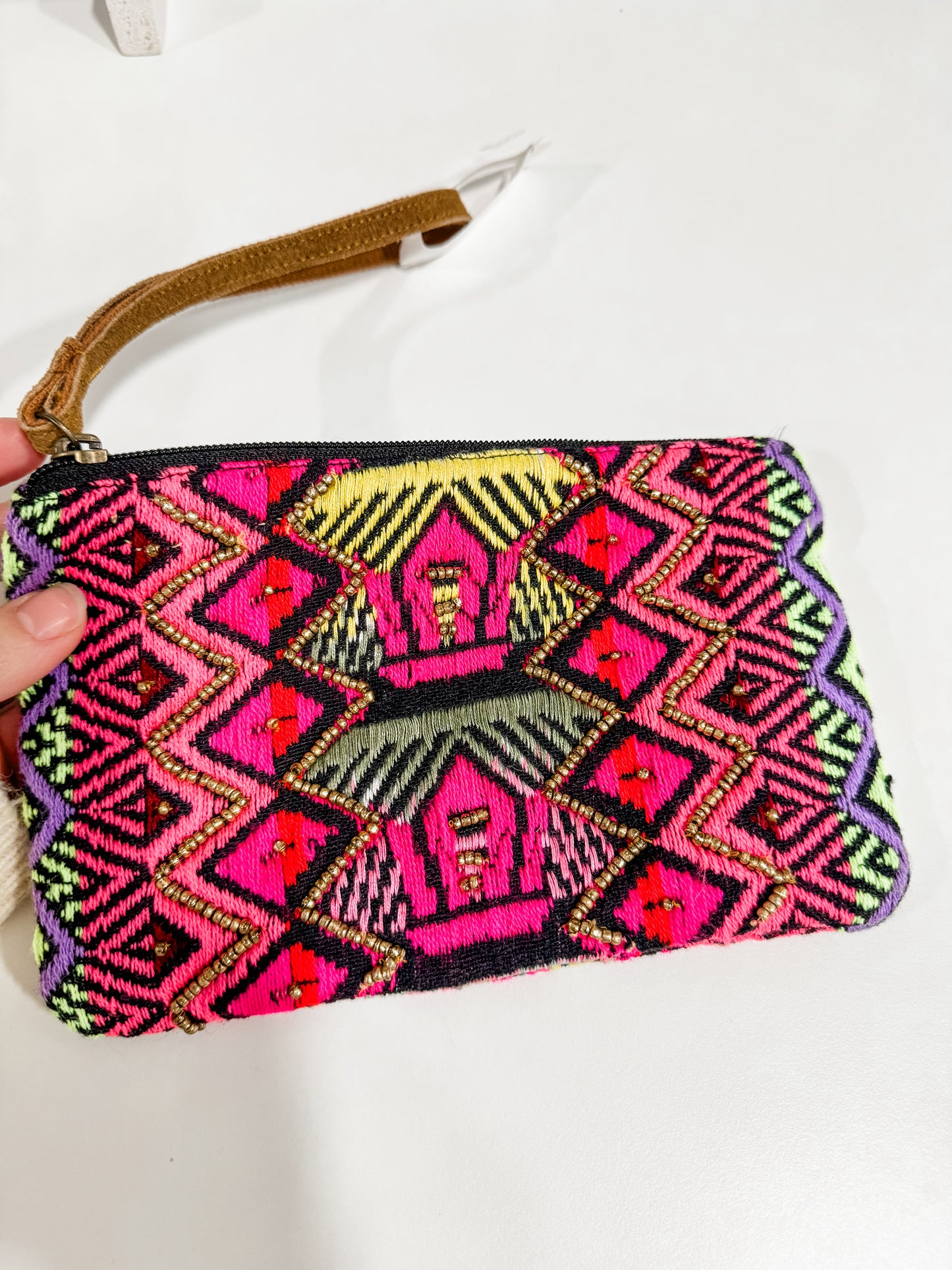 Vivid Aztec Beaded Pouch in Pink Multi