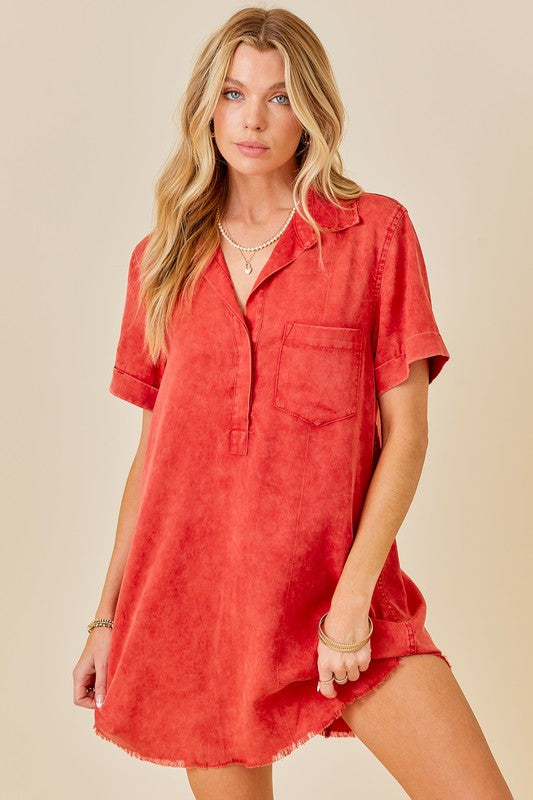 Washed Shirt Dress in Red