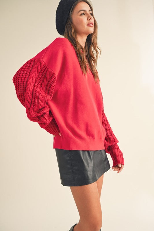 Cable Sleeve Sweatshirt in Red