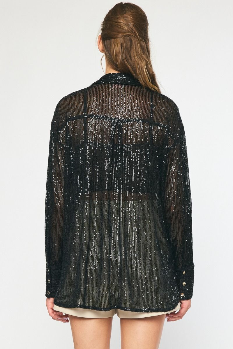 Time To Shine Sequin Button-Down Top in Black