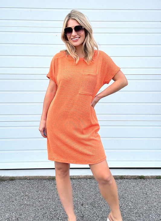 Kick Back Ribbed Dress in Orange