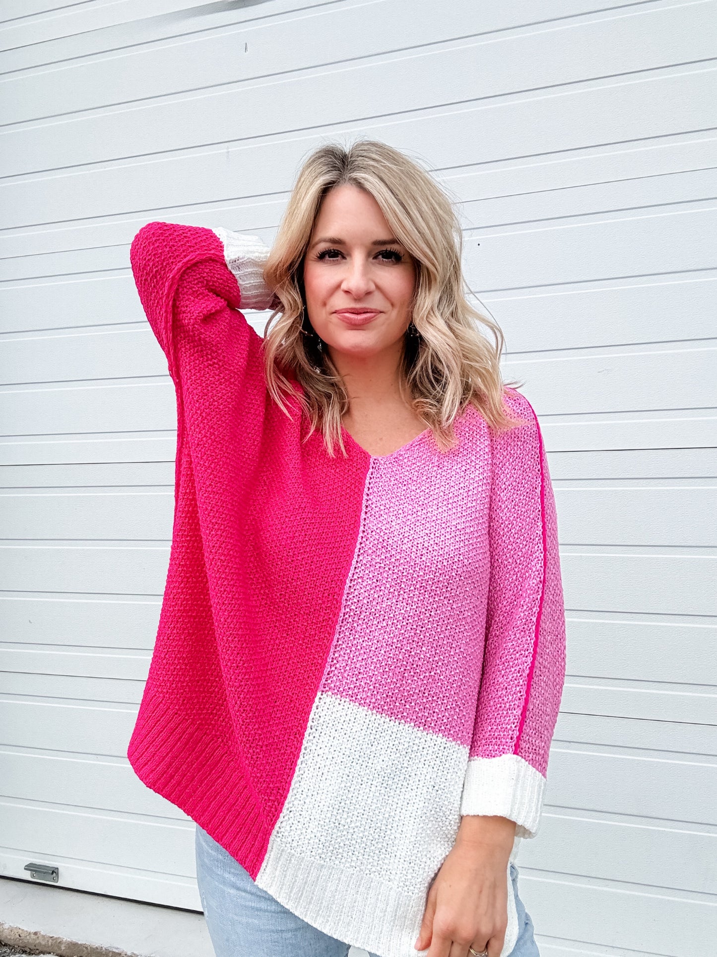 Oh-So-Pretty Color Block Pink Sweater