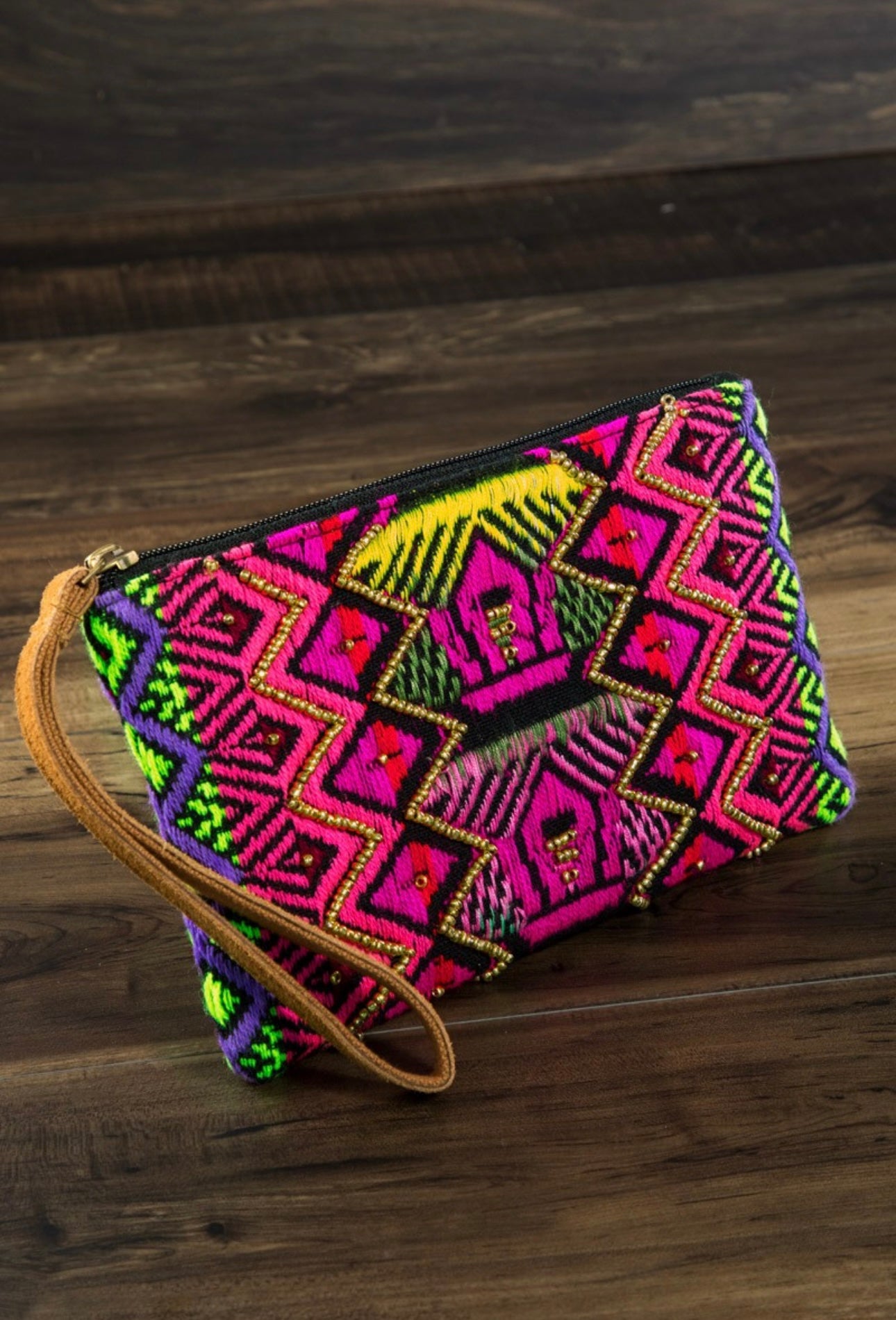 Vivid Aztec Beaded Pouch in Pink Multi