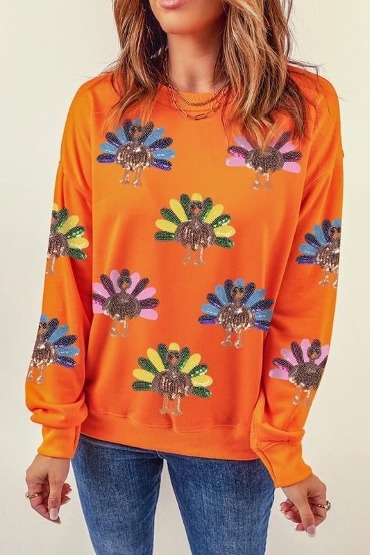 Colorful Sequin Turkey Sweatshirt on Orange
