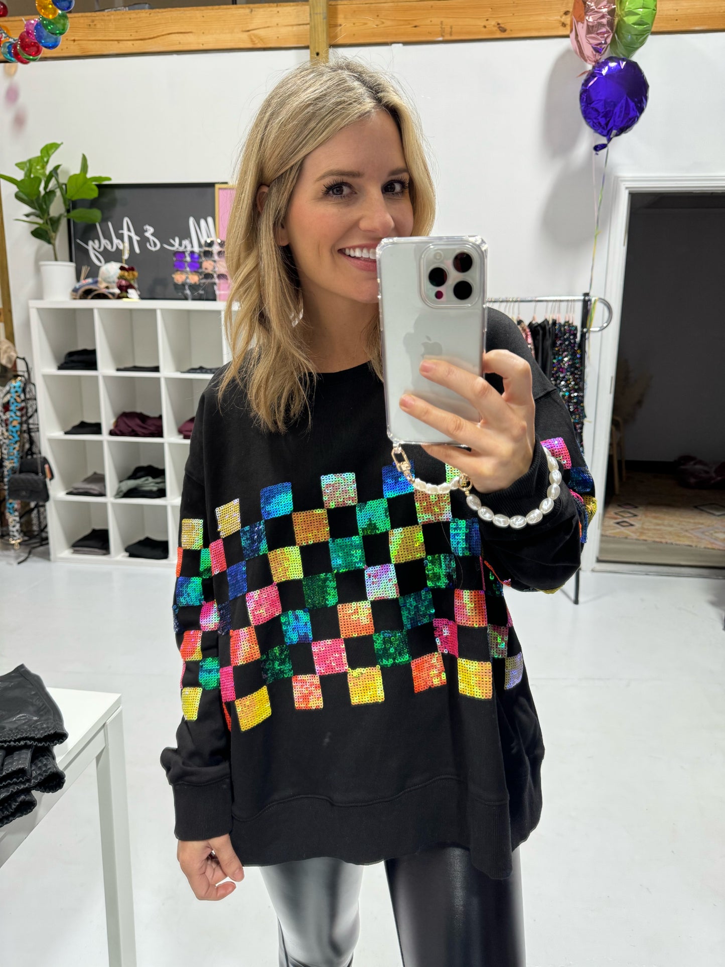 Be Bold & Colorful Sequin Check Sweatshirt
