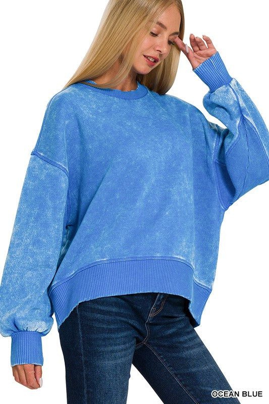 Ultra-Cute Acid Wash Fleece Pullover in Ocean Blue