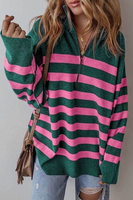 The Varsity Stripe Pullover in Green/Pink