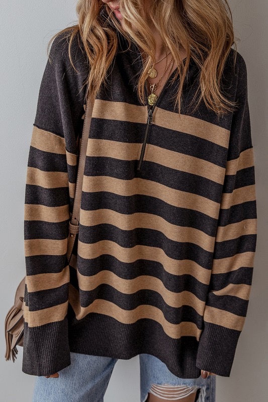 The Varsity Stripe Pullover in Black/Mocha