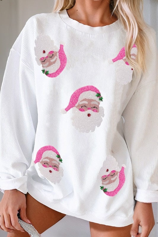 Sequin Santa Ribbed Sweatshirt in White