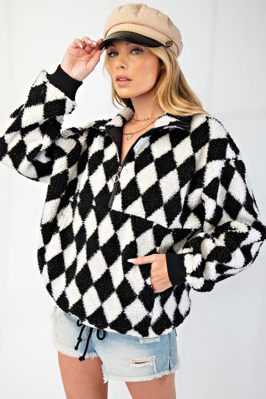 Argyle Sherpa Pullover Jacket in Black