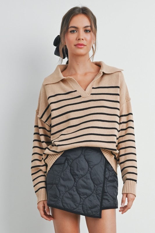 V-Neck Striped Sweater in Taupe/Black