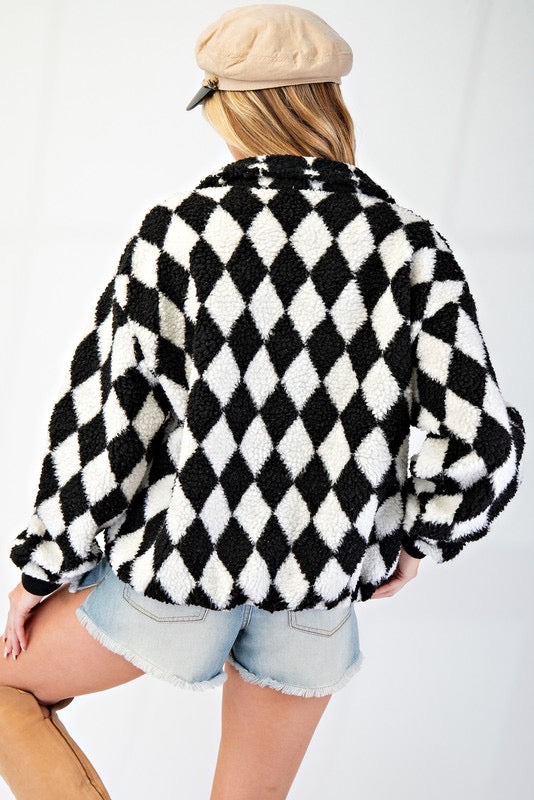 Argyle Sherpa Pullover Jacket in Black