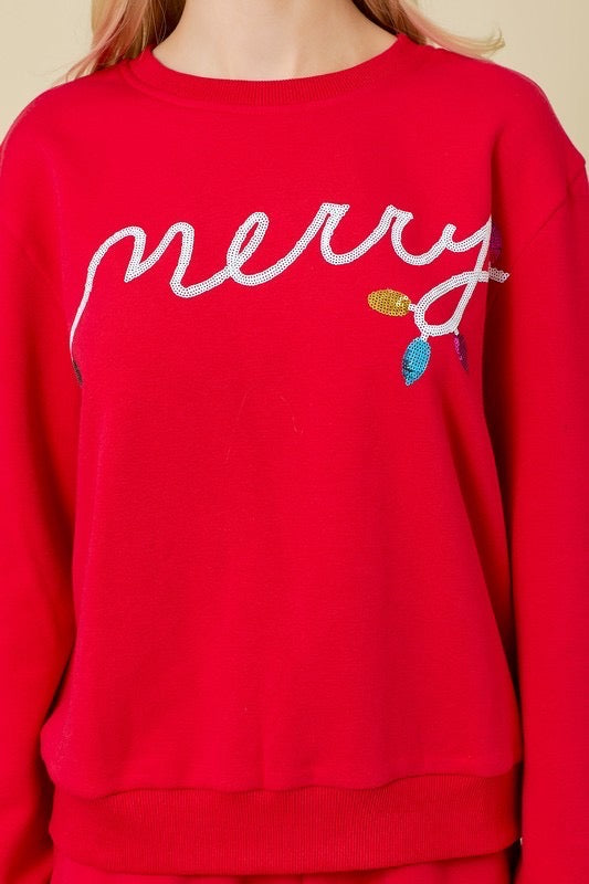 Sequin "Merry" Christmas Lights Sweatshirt in Red