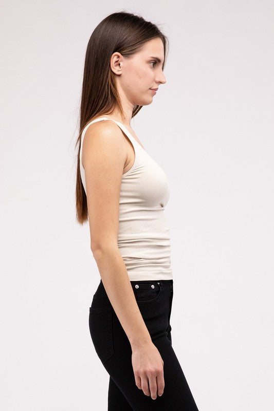 Front & Back 2-Way V-Neck Seamless Tank in white/black/sand beige