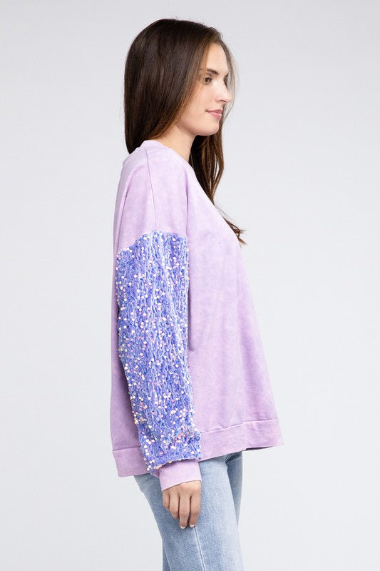 Velvet Sequin Sleeve Mineral Washed Top in Periwinkle