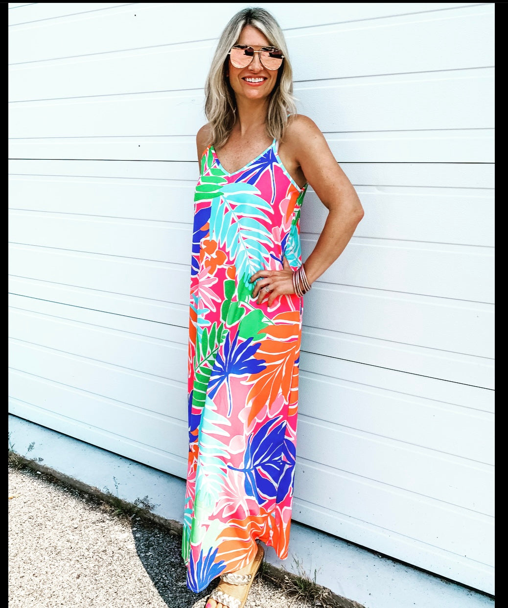 Bright & Cheerful Leaf Print Maxi Dress in Pink Multi