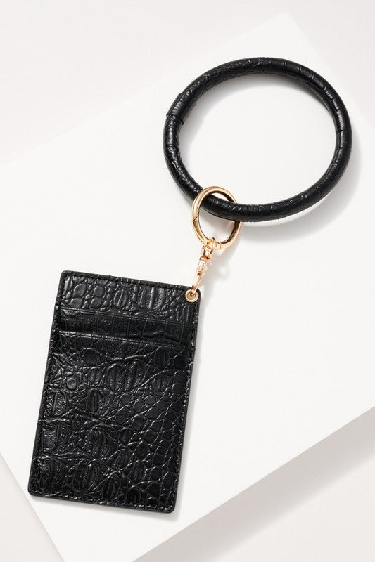 Croc Leather Key Ring in Black