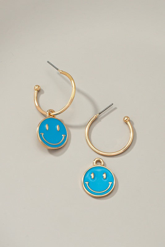 Happy face charm hoop earrings