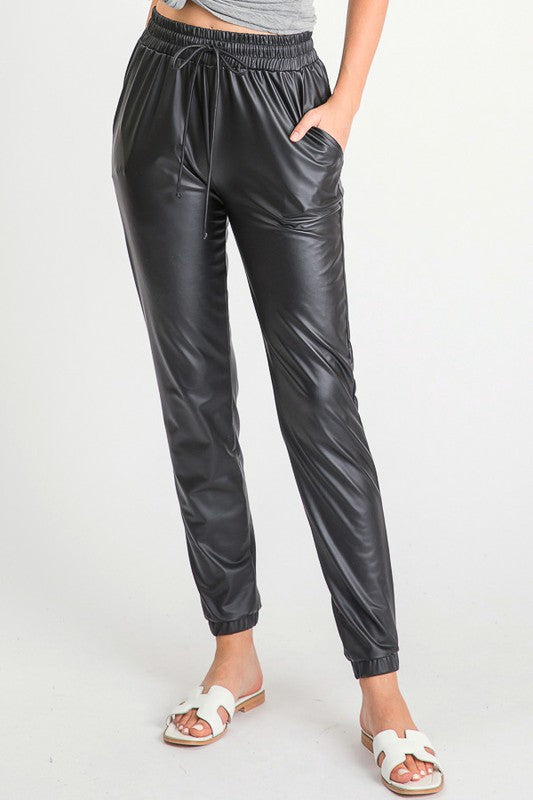 Faux Leather Joggers in Black