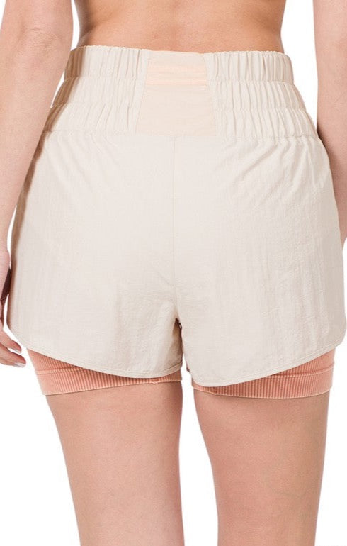 Windbreaker Smocked Shorts in SAND - XL