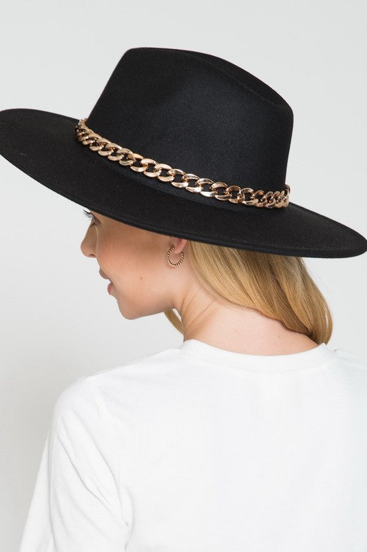 Wide Brim Hat with Gold Chain in Black