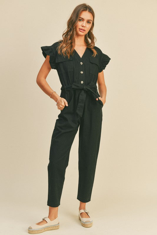Utility Jumpsuit with Ruffle Sleeve in Black
