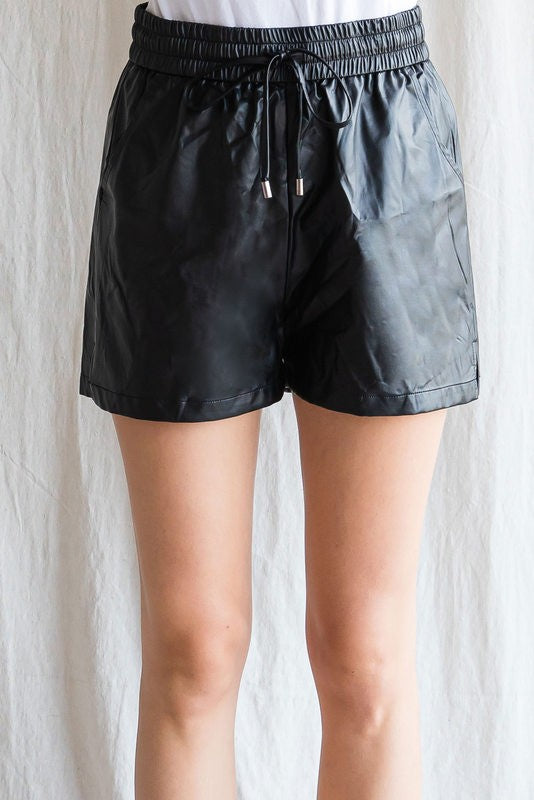 Vegan Leather Drawstring Shorts in Black