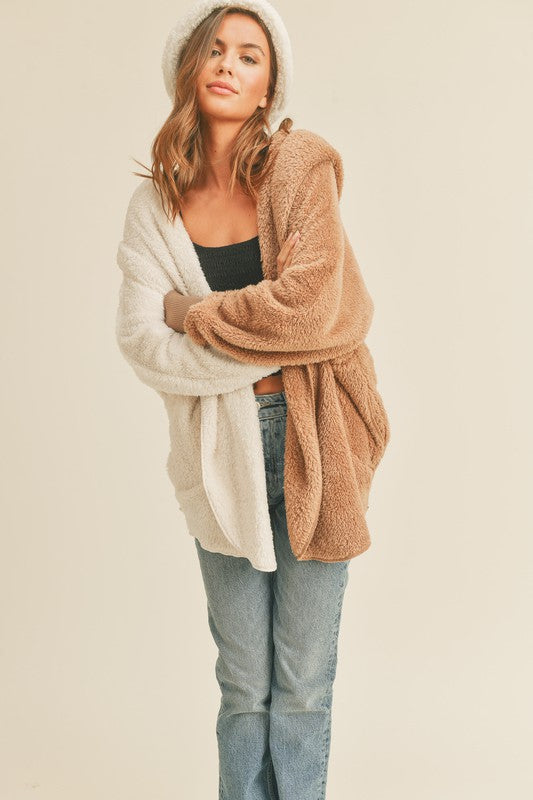 Fuzzy Color Block Cardigan in Chestnut/Ivory