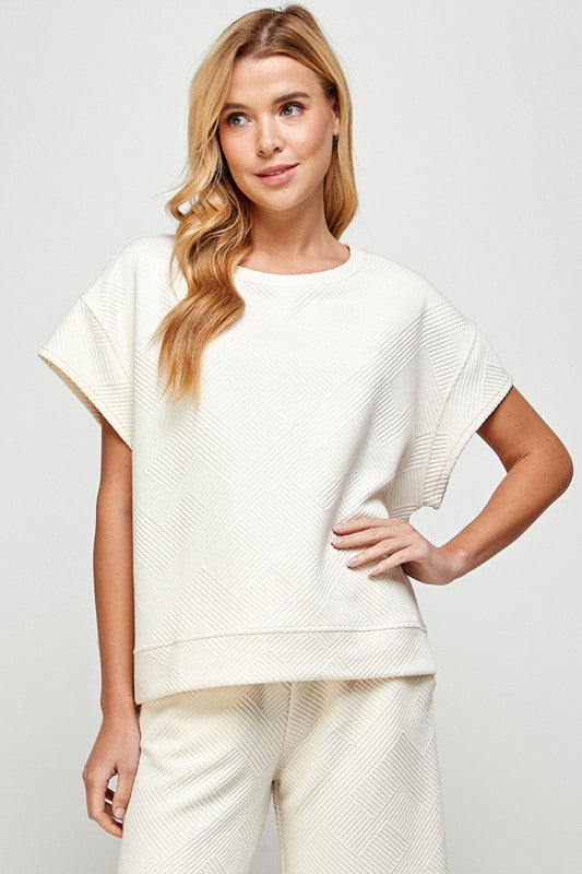 Textured Short Sleeve Sweatshirt Top in Cream