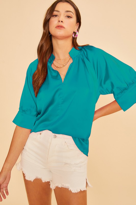 Hey There Satin Top in Turquoise -xl