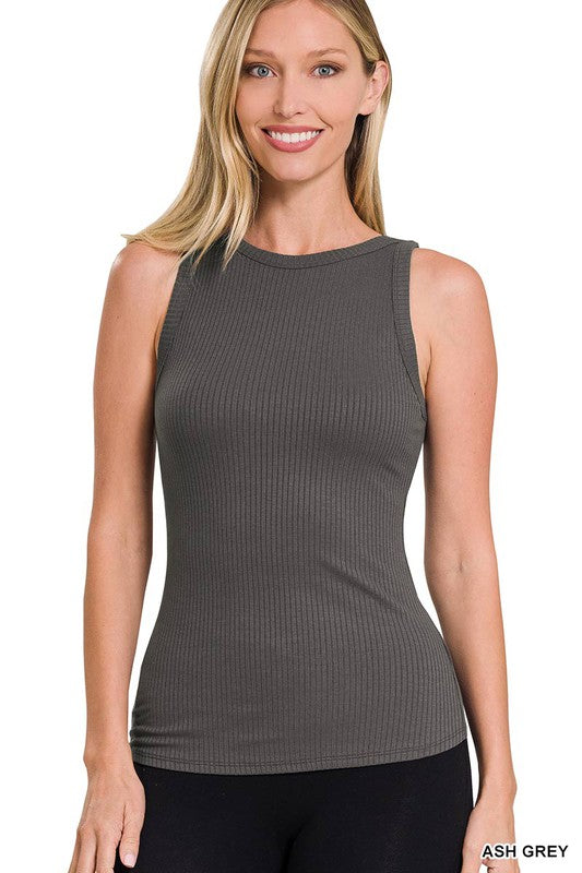 Ribbed High Neck Tank in Ash Grey