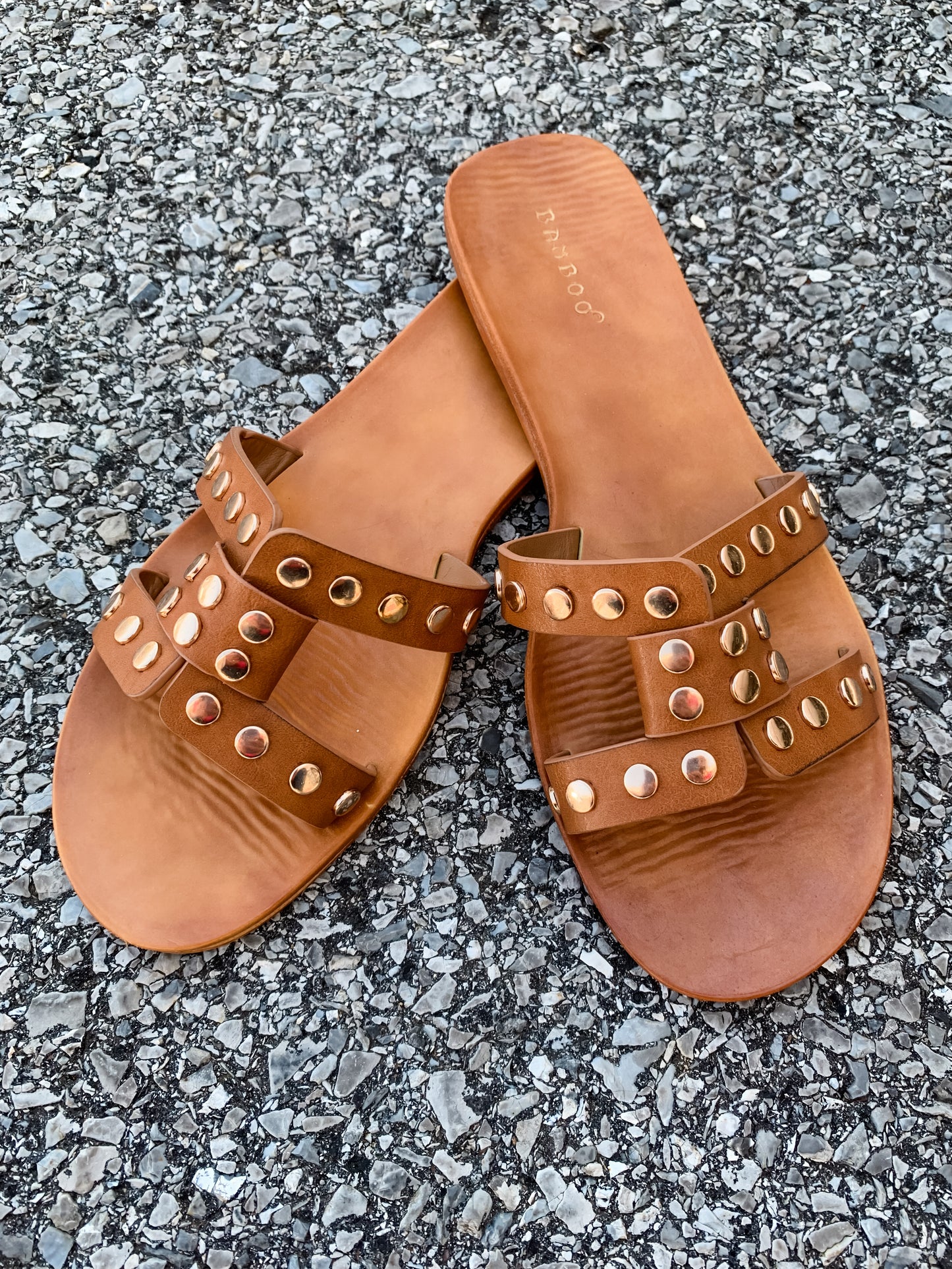 Gold Studded Flat Sandals in Tan