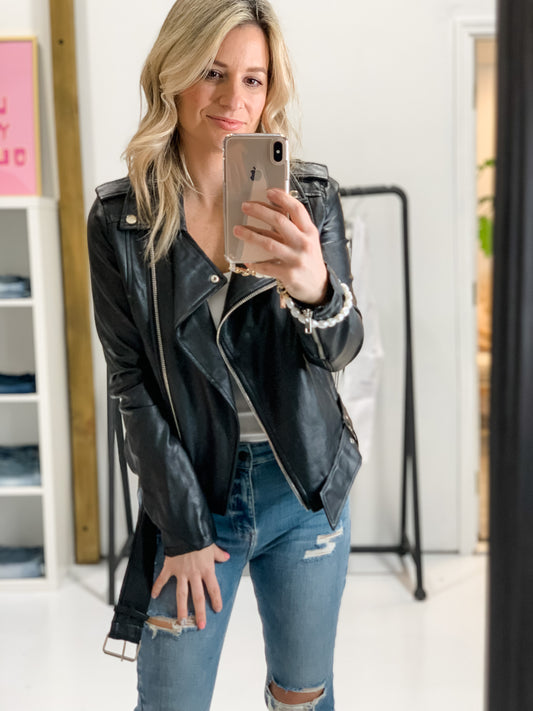 So Chic Belted Moto Jacket in Black