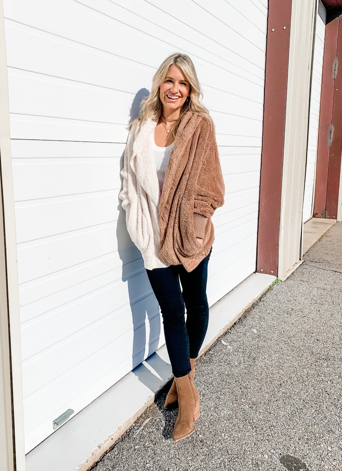 Fuzzy Color Block Cardigan in Chestnut/Ivory