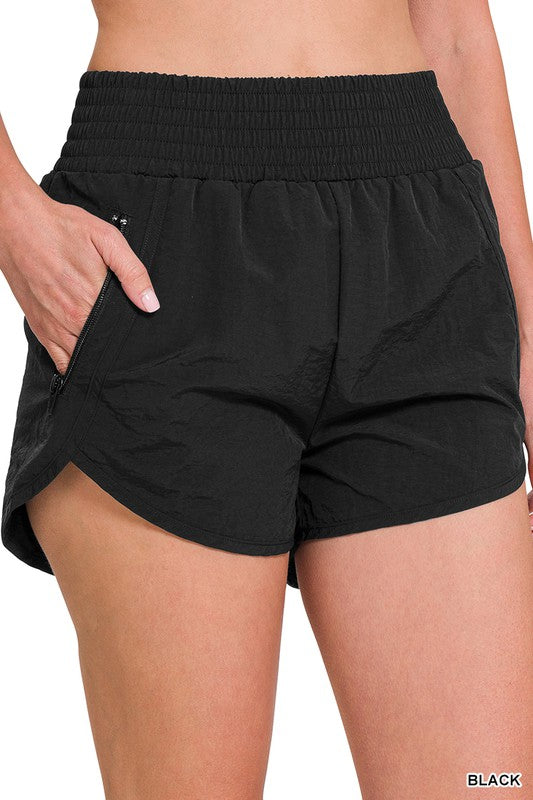 Windbreaker Smocked Shorts with Zipper Pocket in Black