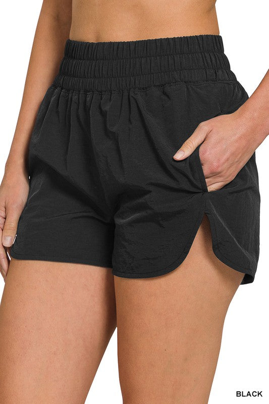 Windbreaker Smocked Shorts in Black